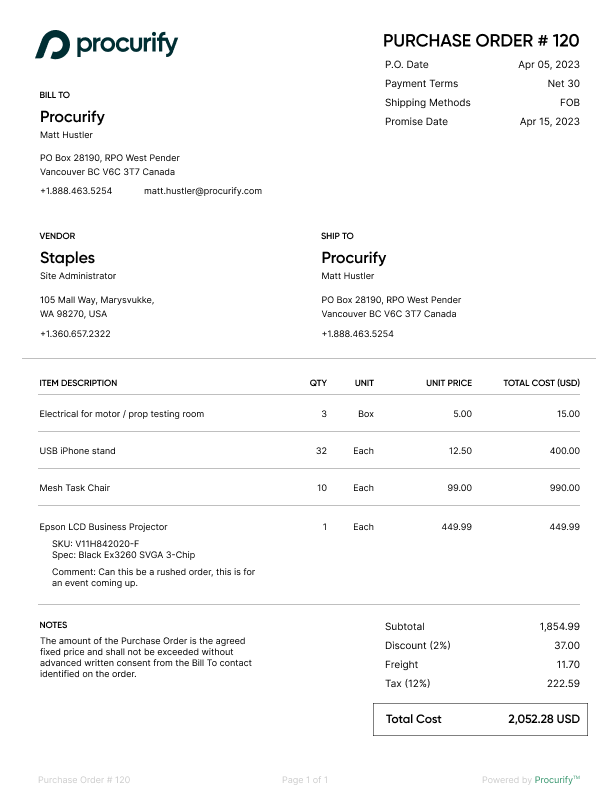 Example of a purchase order template with vendor details, shipping information, item descriptions, unit prices, and total cost breakdown.