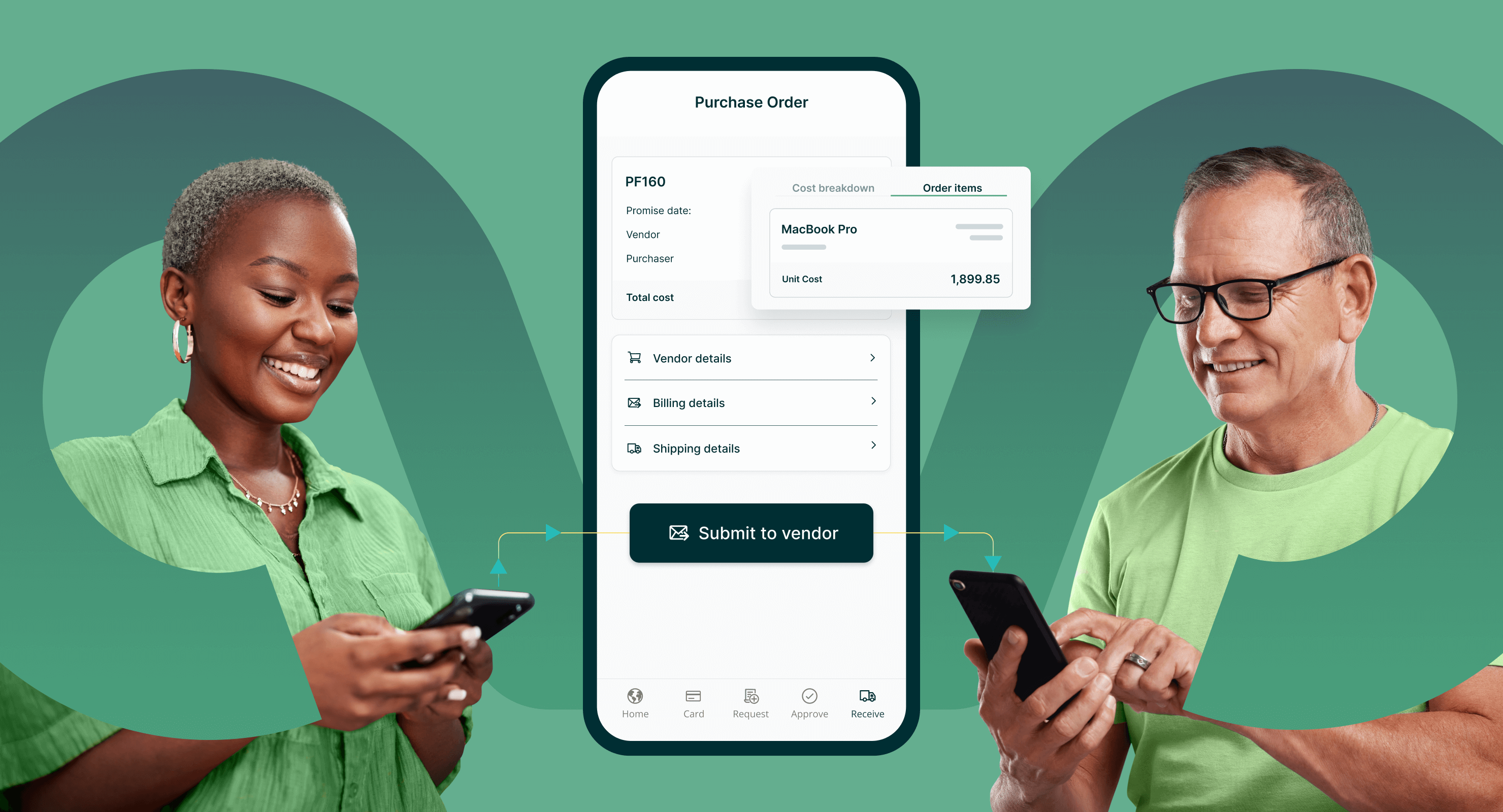 Two people using procurement software on mobile devices with a purchase order screen showing vendor details, billing details, and order items like a MacBook Pro. Button to submit purchase order to vendor.
