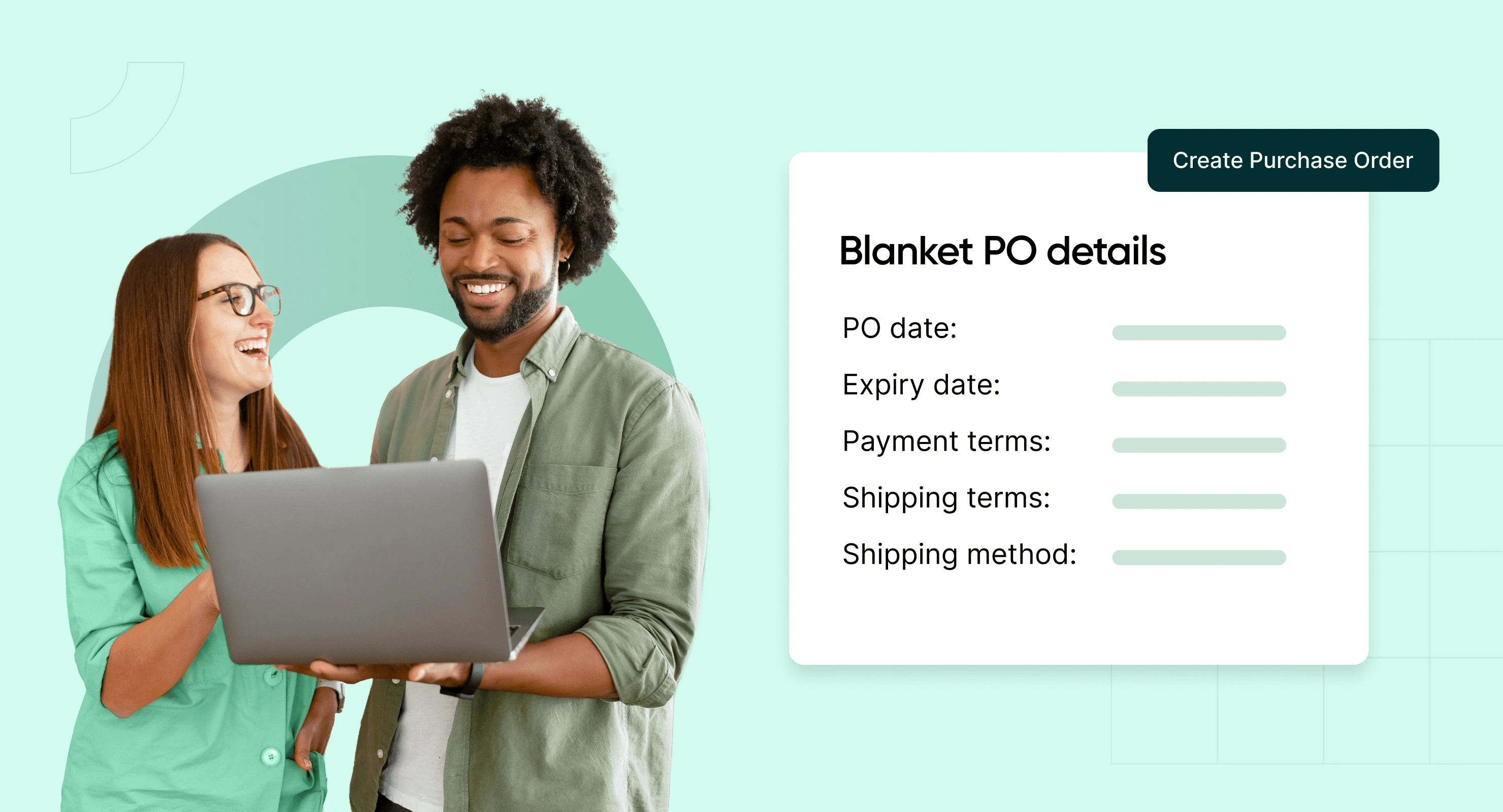 Two professionals reviewing a laptop with blanket purchase order details displayed, including PO date, expiry date, payment terms, and shipping terms.