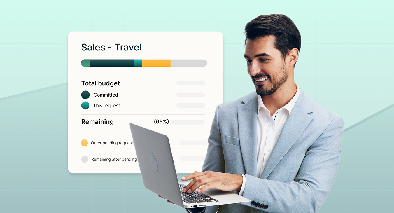 Blog banner for 'How to Control Company Spending Without Slowing Growth,' showing a business professional with a laptop and a budget dashboard labeled 'Sales - Travel