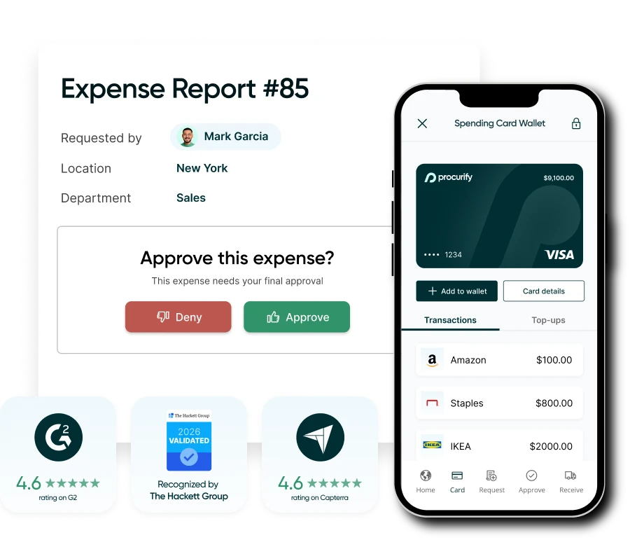 Procurify expense and card management software showing expense approval workflow, spending card transactions, customer ratings, and Hackett Group 2026 validation