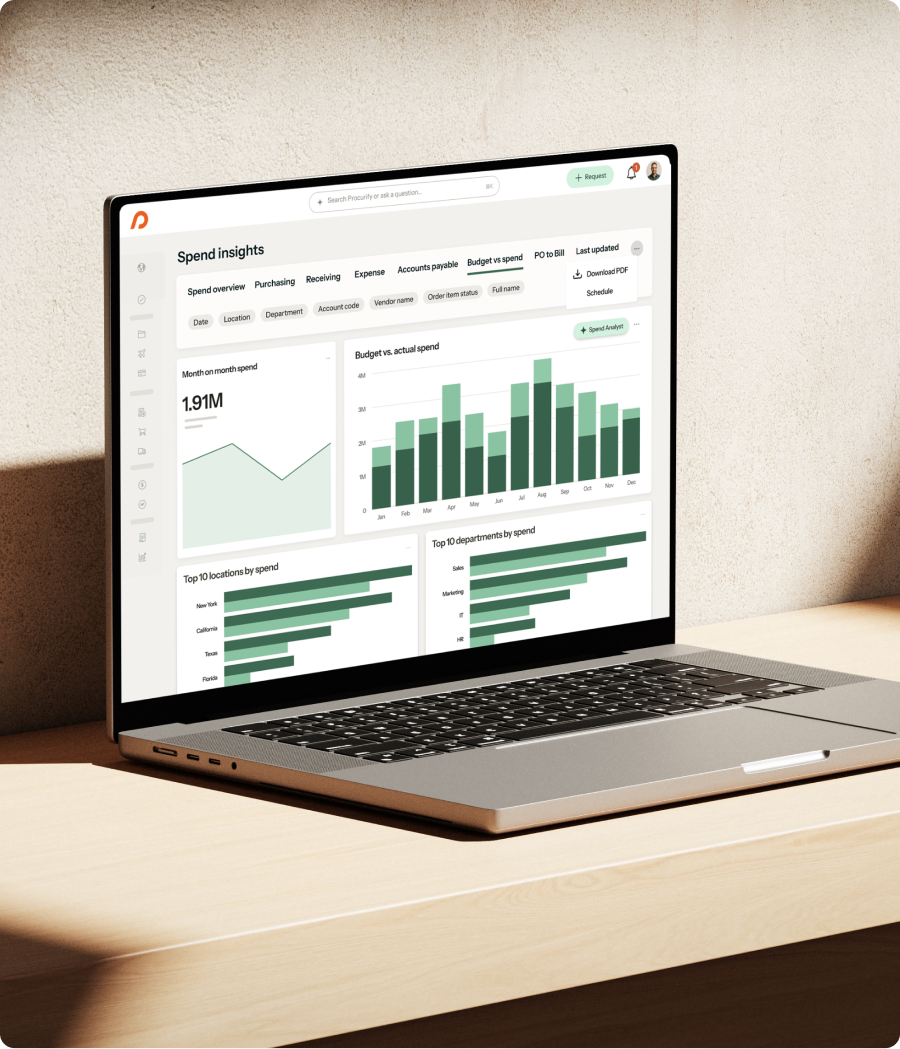 Procurify Spend Insights dashboard displayed on a laptop showing AI-powered spend analysis, budget vs. actual spend, and spend reporting charts