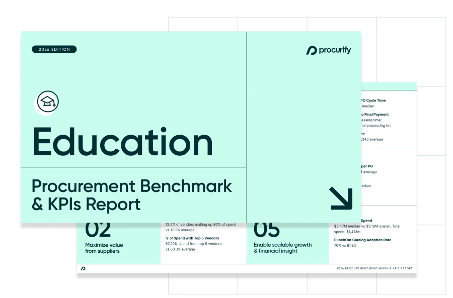 Education Procurement Benchmark and KPIs Report cover with KPI preview pages benchmarked against real procurement spend data