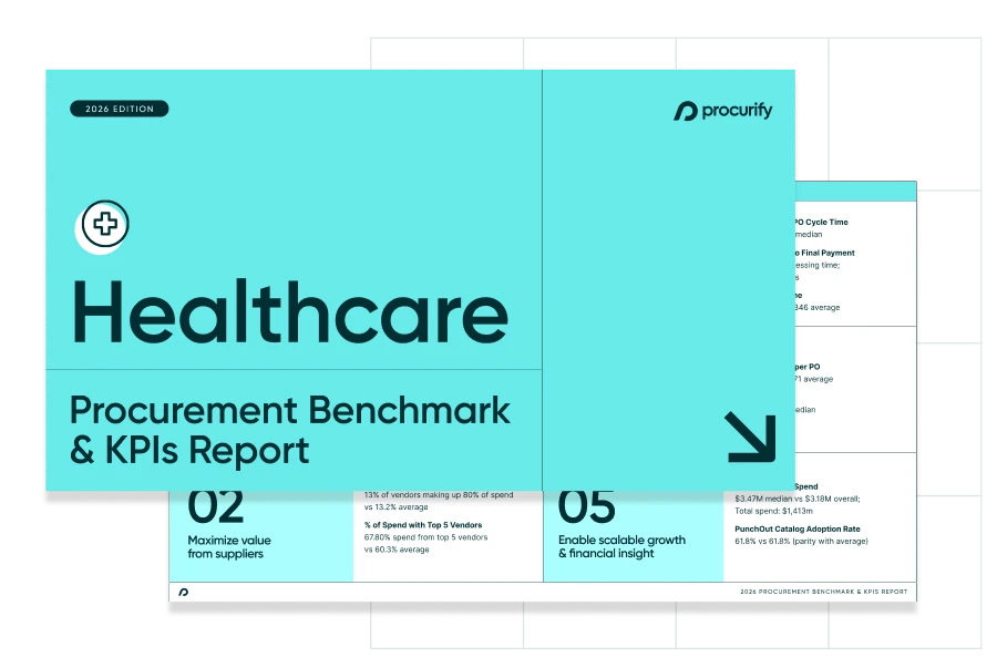 Healthcare Procurement Benchmark and KPIs Report cover with KPI preview pages benchmarked against real procurement spend data