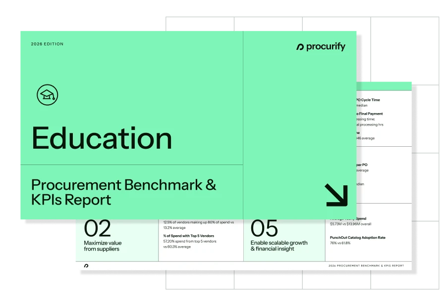 Education Procurement Benchmark and KPIs Report cover with KPI preview pages benchmarked against real procurement spend data
