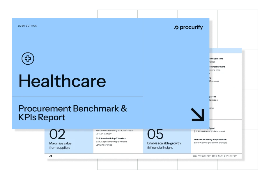 Healthcare Procurement Benchmark and KPIs Report cover with KPI preview pages benchmarked against real procurement spend data