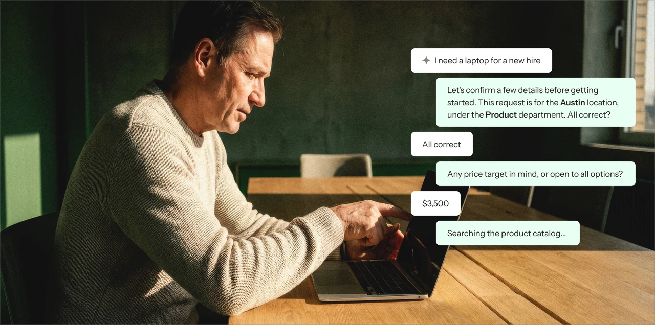 Intake-to-pay software AI assistant drafting a purchase request from a conversation