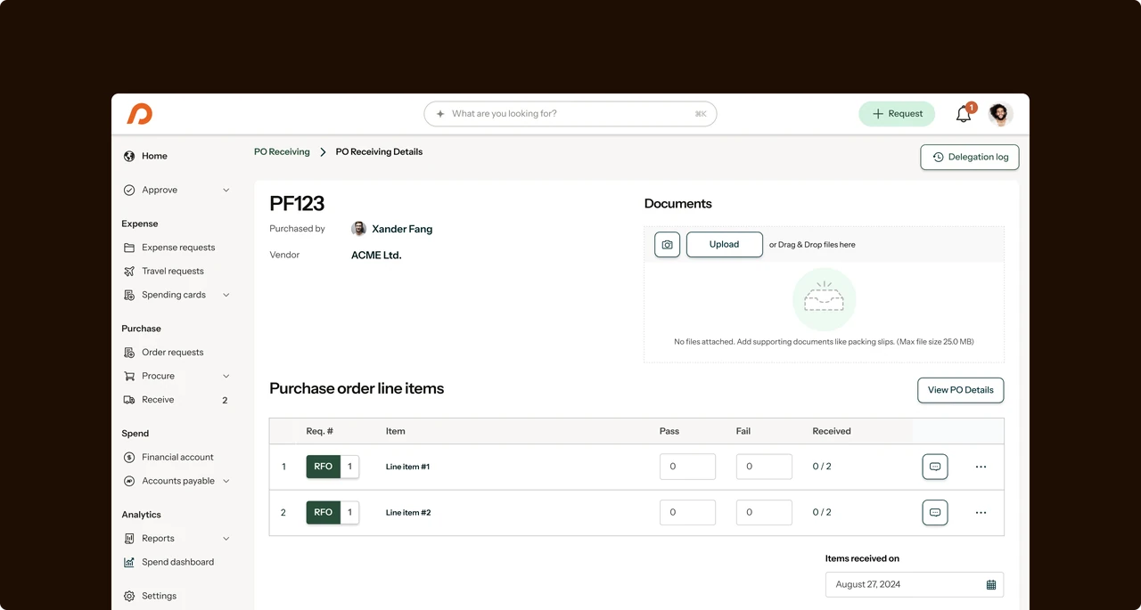 Intake-to-pay software dashboard creating and tracking a purchase order from request to receipt