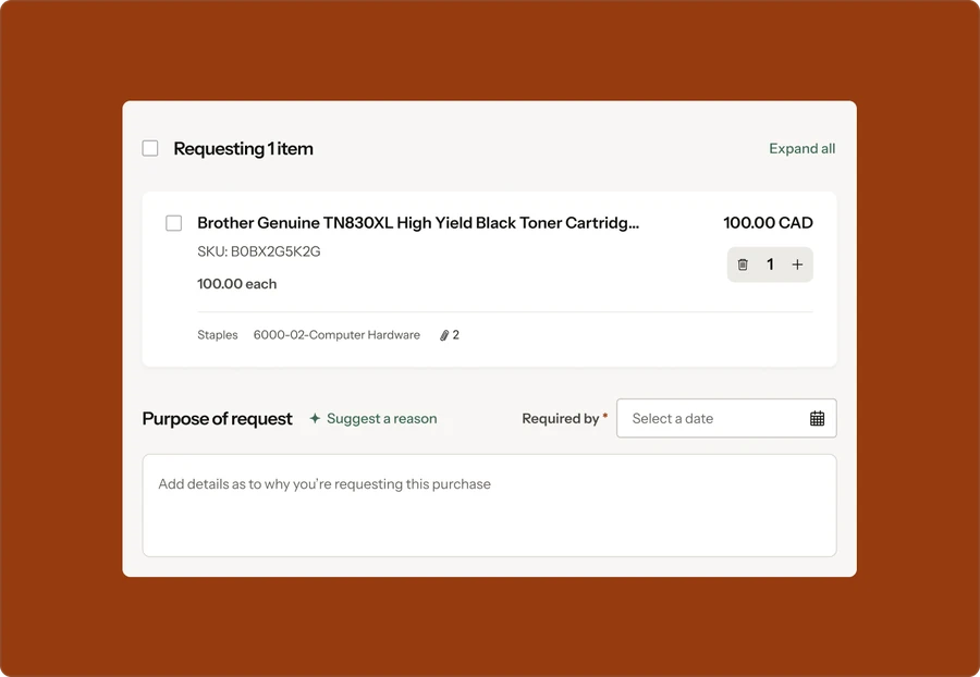Intake-to-pay software order request form capturing item, purpose, and required-by date