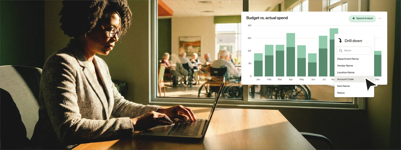 Intake-to-pay software spend insights dashboard with budget-versus-actual charts and drill-downs